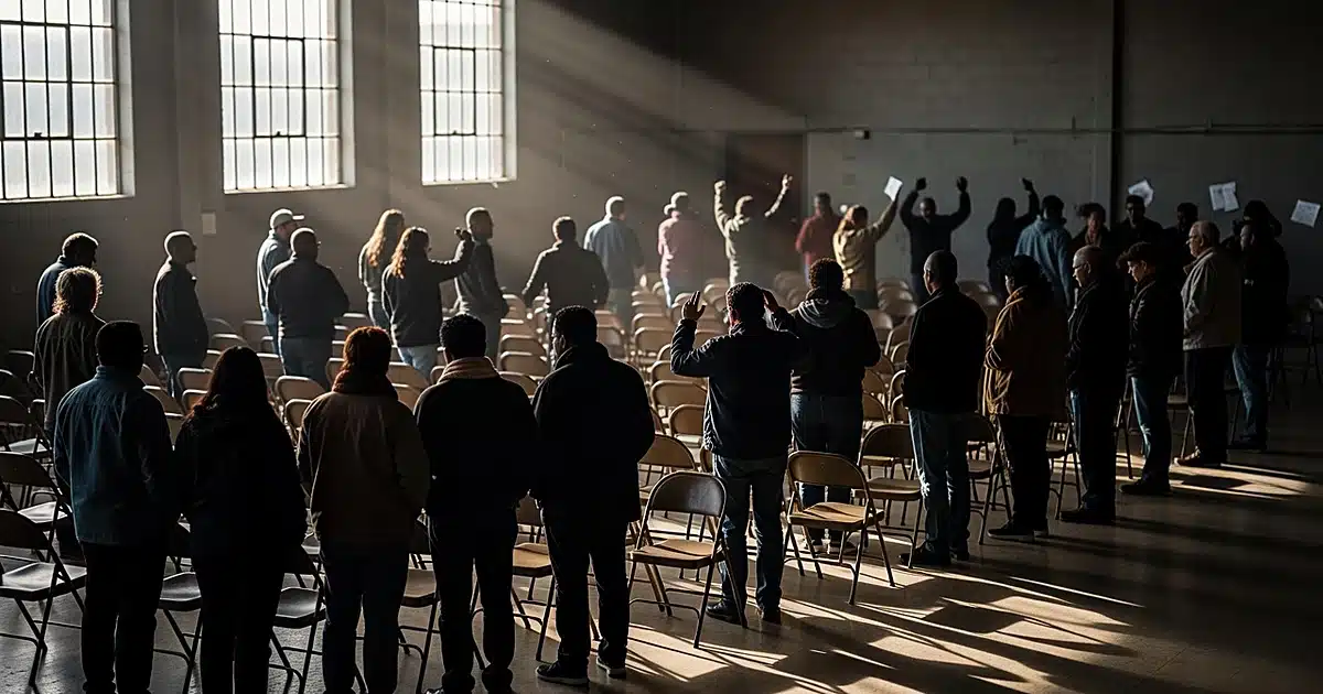 Silhouetted voters and campaign volunteers in motion inside a Detroit community center during early voting period