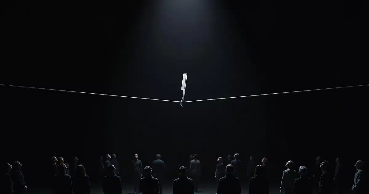 A tightrope balanced on a razor blade's edge above silhouetted figures in darkness below
