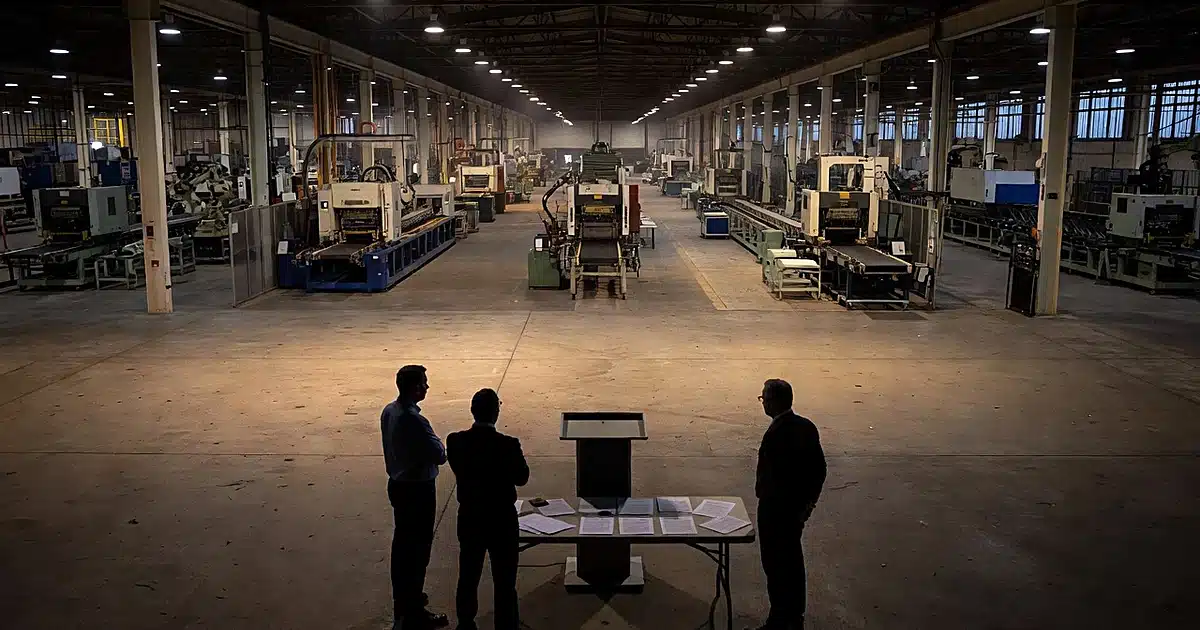 Silhouetted figures at campaign setup inside vast Michigan automotive plant with industrial machinery in background