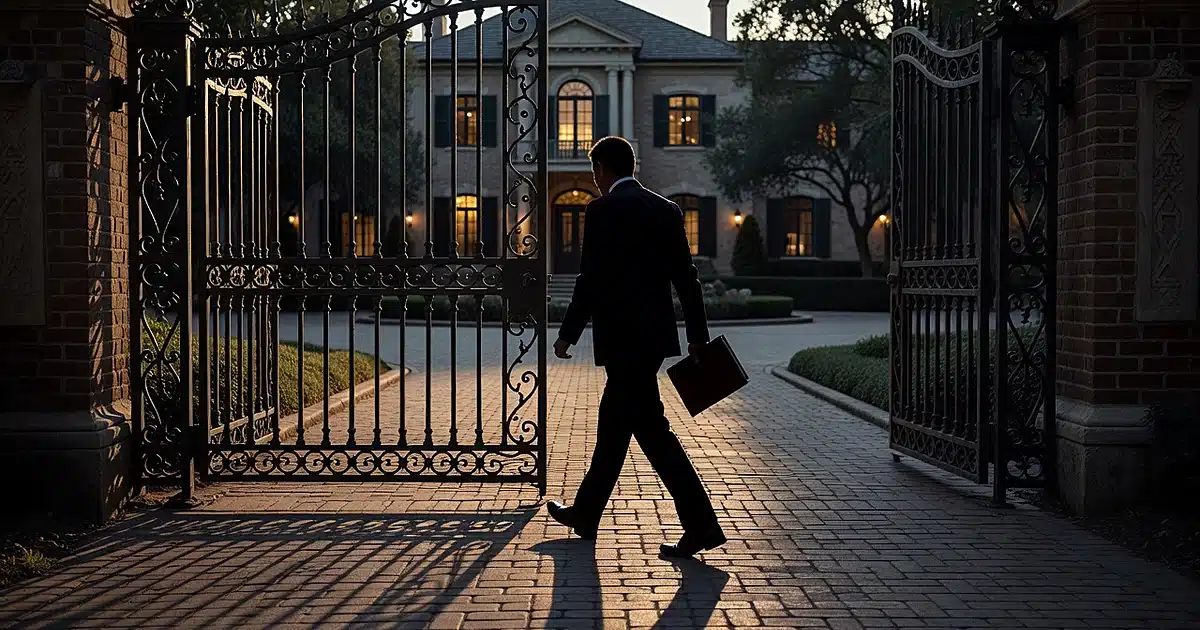 Silhouetted figure approaching gated mansion entrance at dusk carrying documents