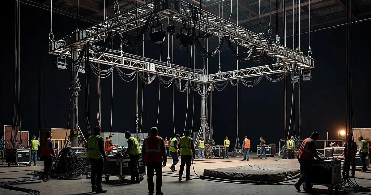 Silhouetted crew members work beneath production lighting rig on active television soundstage with safety equipment