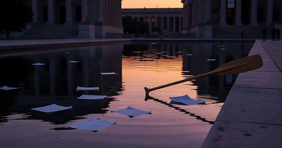 Canoe paddle leaning against reflecting pool edge with blank papers floating on water at dusk