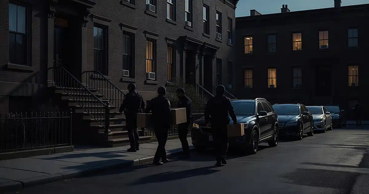 Silhouetted agents carrying boxes from a townhouse at dawn with vehicles parked on residential street