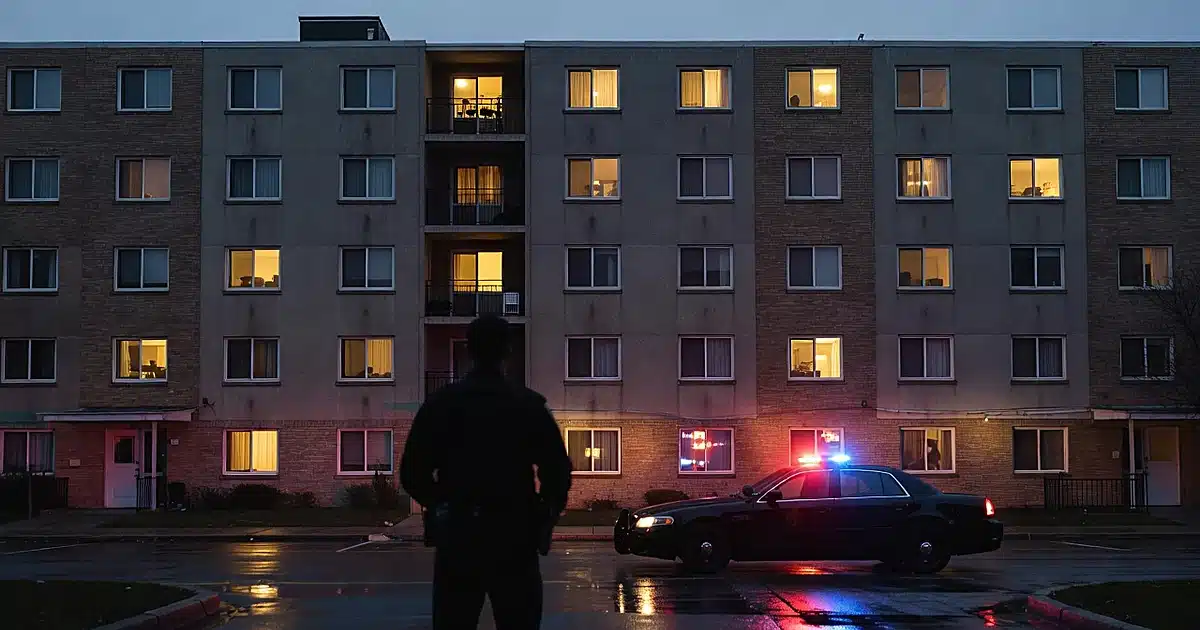 Police officer silhouette near patrol car with emergency lights at apartment building exterior at dusk