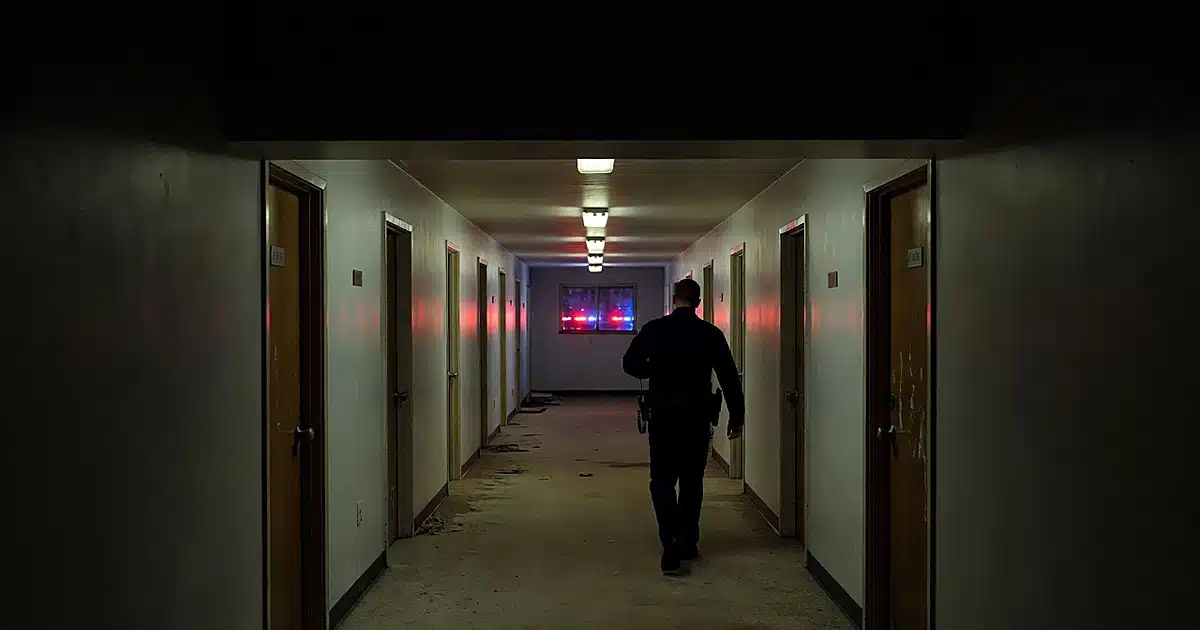 Apartment hallway at night with emergency lights flashing through window as officer silhouette responds to scene