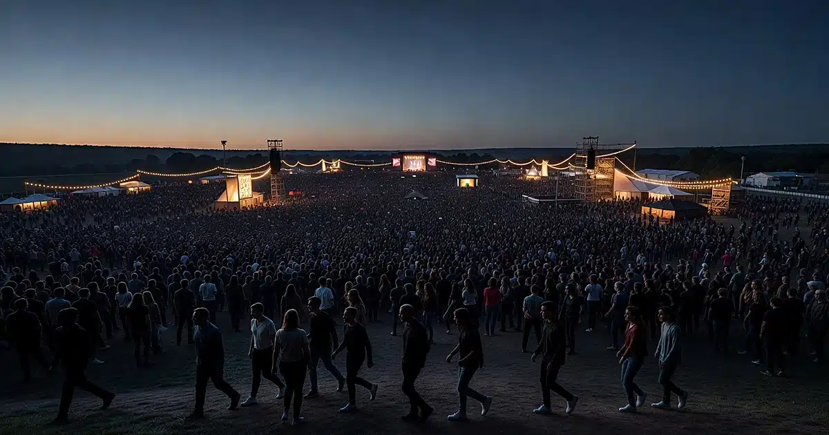 Silhouetted crowd at outdoor music festival at dusk with illuminated stage in distance