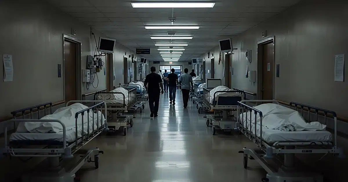 Hospital emergency corridor with multiple gurneys and silhouetted medical staff moving through fluorescent-lit hallway