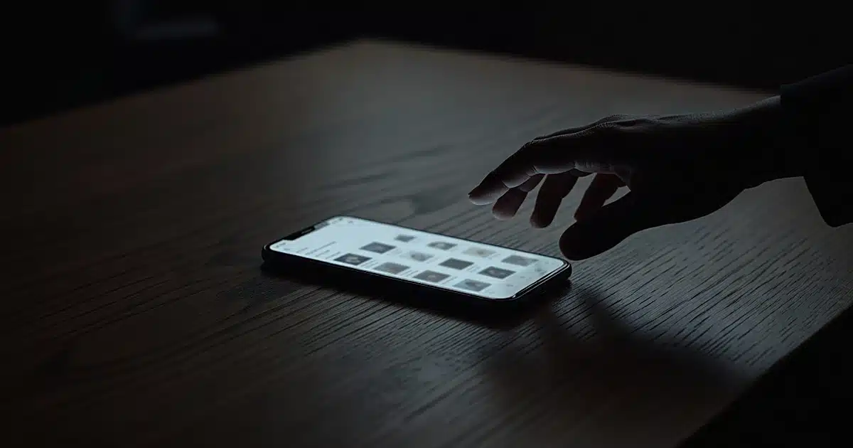 Smartphone on dark surface with glowing screen and silhouetted hand reaching toward it in dim lighting