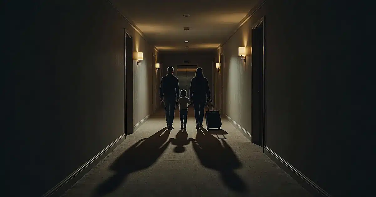 Dark hotel corridor with silhouetted family walking away toward distant elevator at night