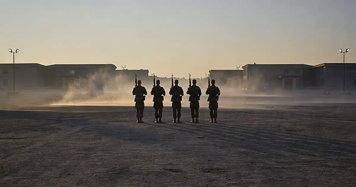 Military firing squad formation silhouetted at dawn on an empty parade ground with fog and overhead lighting