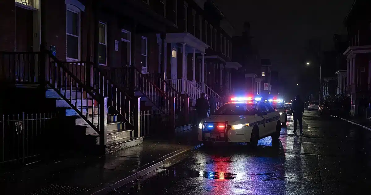 Police car with flashing lights on dark residential street near row house porch steps at night