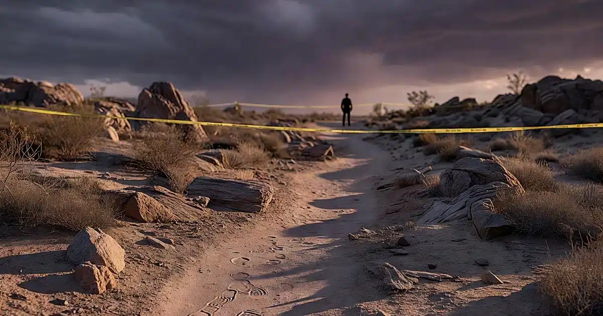Desert hiking trail at dusk with crime scene tape stretched across path and distant officer silhouette