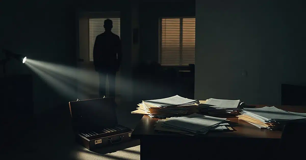 Silhouetted figure in doorway with illuminated papers and documents scattered on desk during investigation