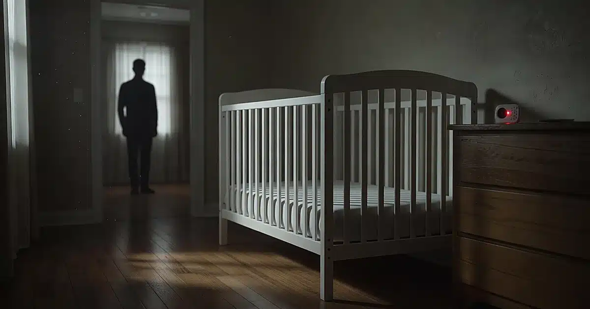 Empty white crib in darkened nursery with glowing baby monitor and silhouetted figure in distant doorway
