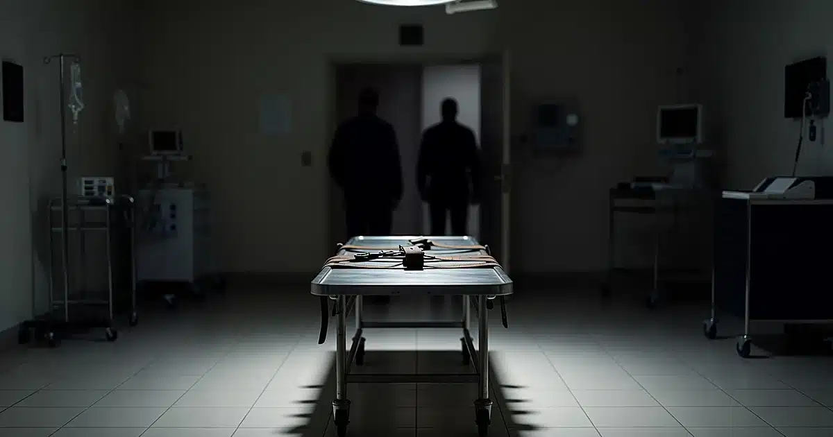 Empty prison execution gurney with restraint straps under surgical lighting in medical examination room