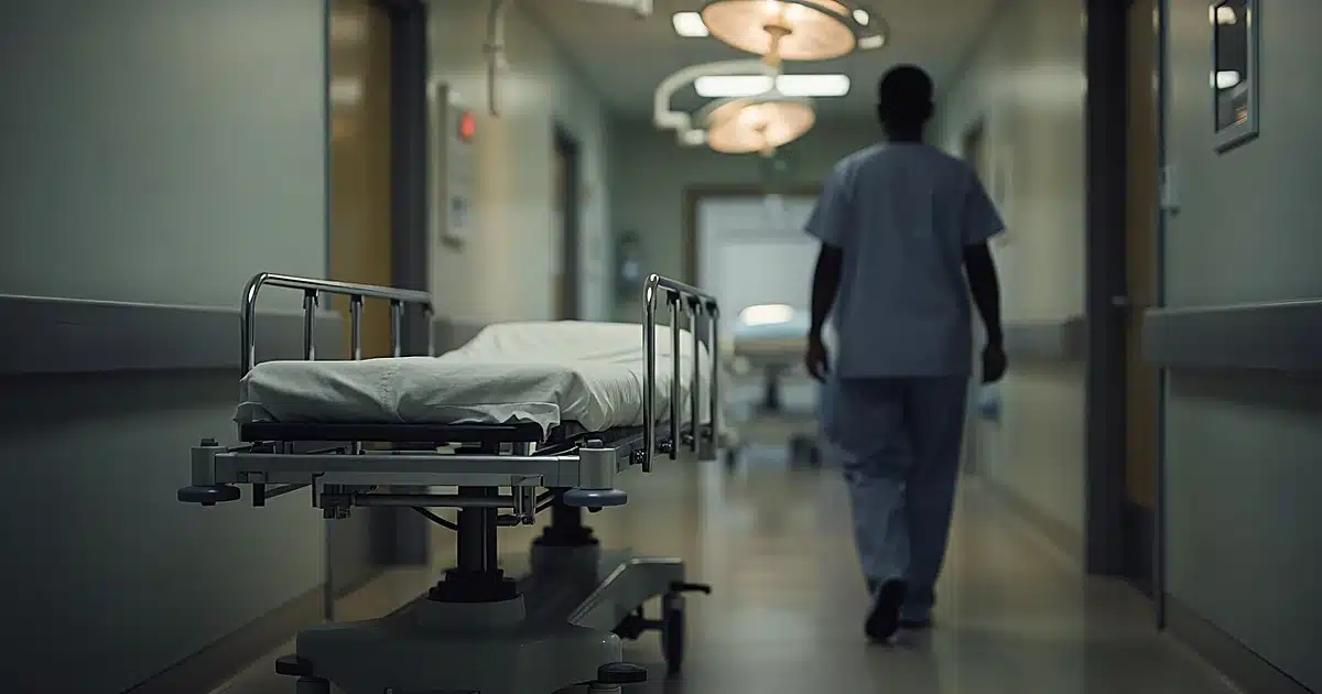 Empty hospital gurney in corridor outside operating room with medical staff silhouette walking away