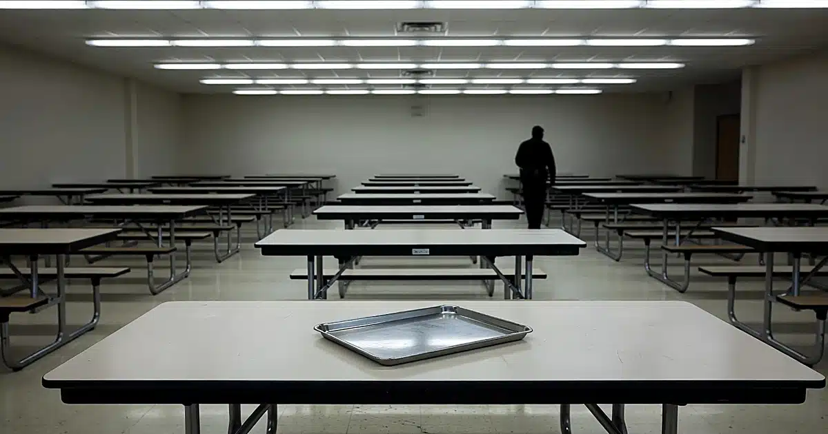 Empty high school cafeteria with abandoned lunch trays and silhouetted figure in background under fluorescent lights
