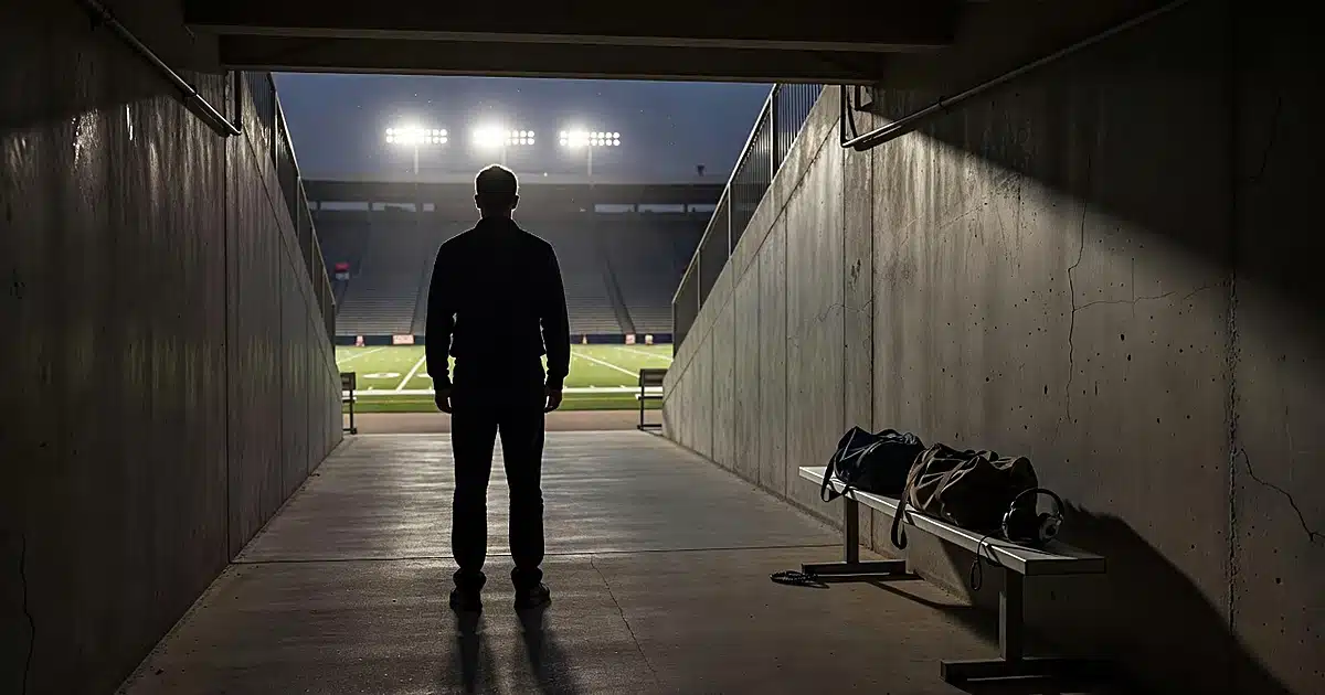 Empty football stadium tunnel with silhouetted figure facing bright field lights at dusk