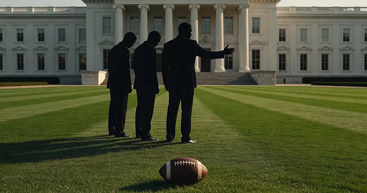 Silhouetted figures on lawn with vintage football in foreground, columned building behind