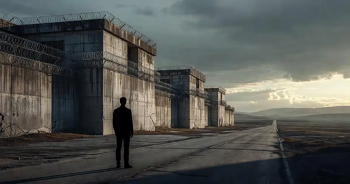 Silhouetted person between prison walls with barbed wire and an open road leading to distant landscape