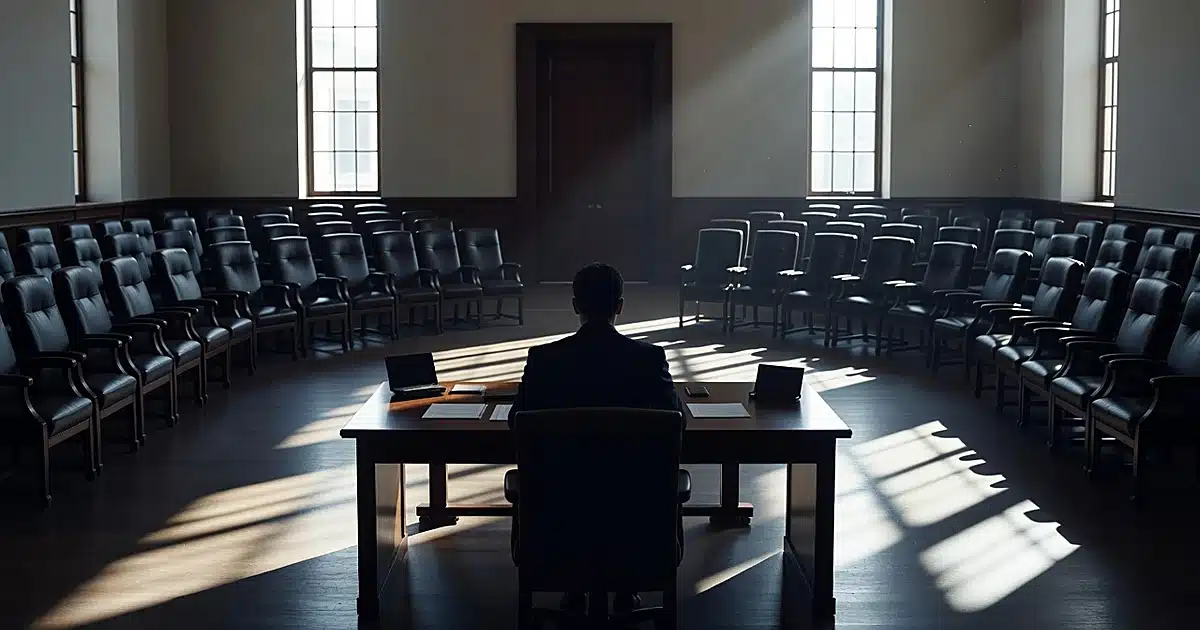 Silhouetted figure at witness table facing empty chairs in a formal hearing room with dramatic window lighting
