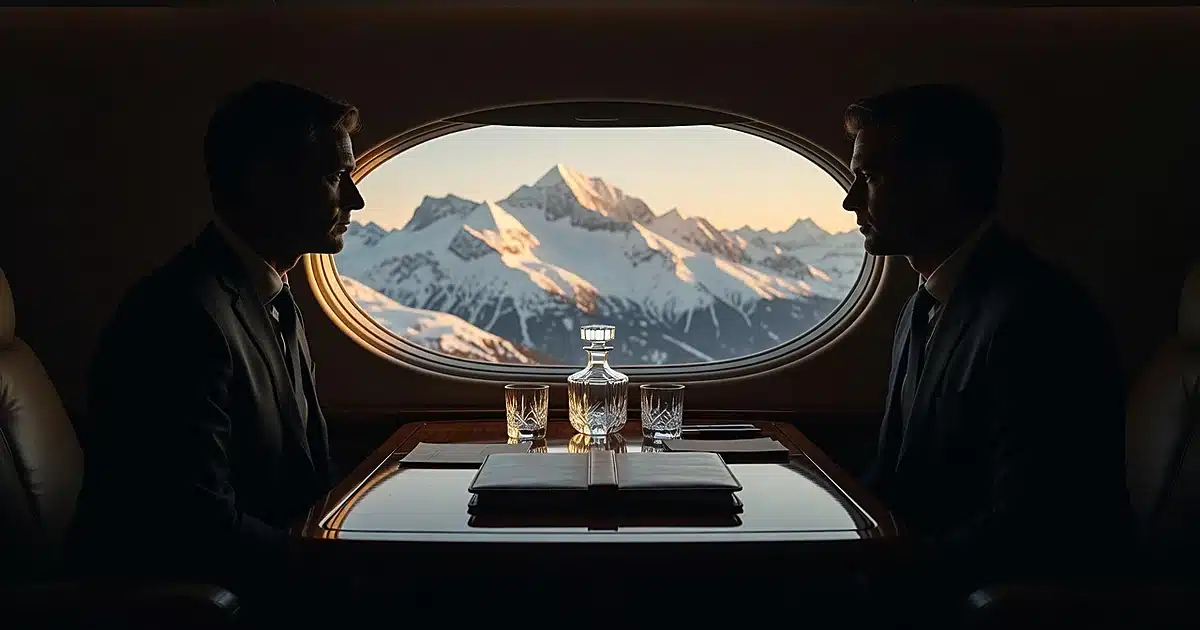 Silhouetted figures in private jet cabin with Swiss Alps visible through window during business meeting