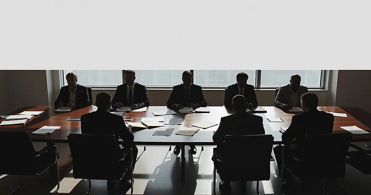 Corporate boardroom with silhouetted executives around table covered in scattered documents