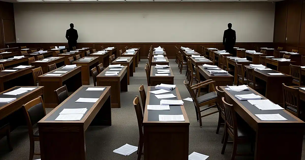 Empty legislative chamber with scattered papers on desks and silhouetted figures standing apart in separate aisles