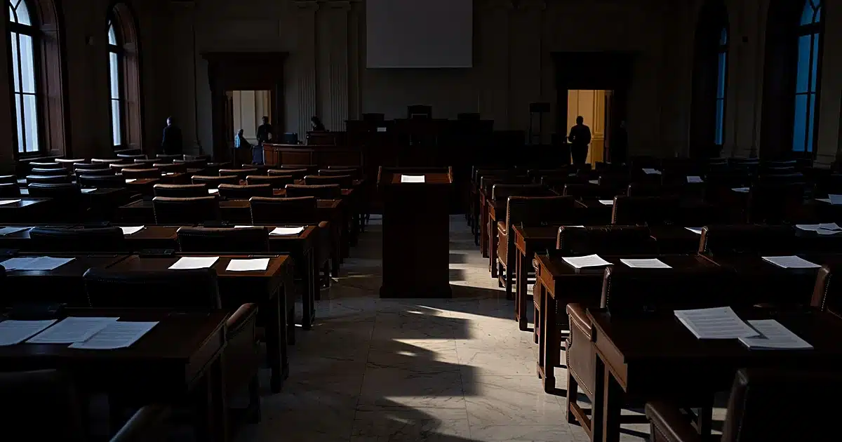 Empty congressional chamber with scattered papers on desks, dramatic side lighting through tall windows