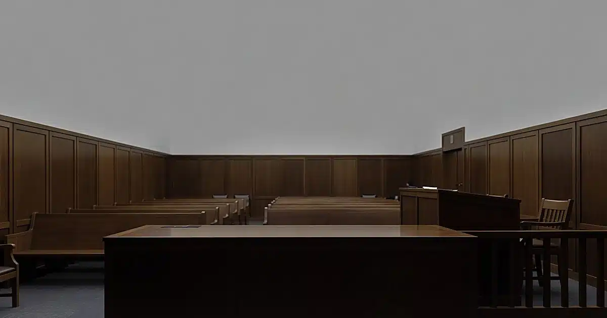 Empty Manhattan Criminal Court courtroom interior with judge's bench and witness stand