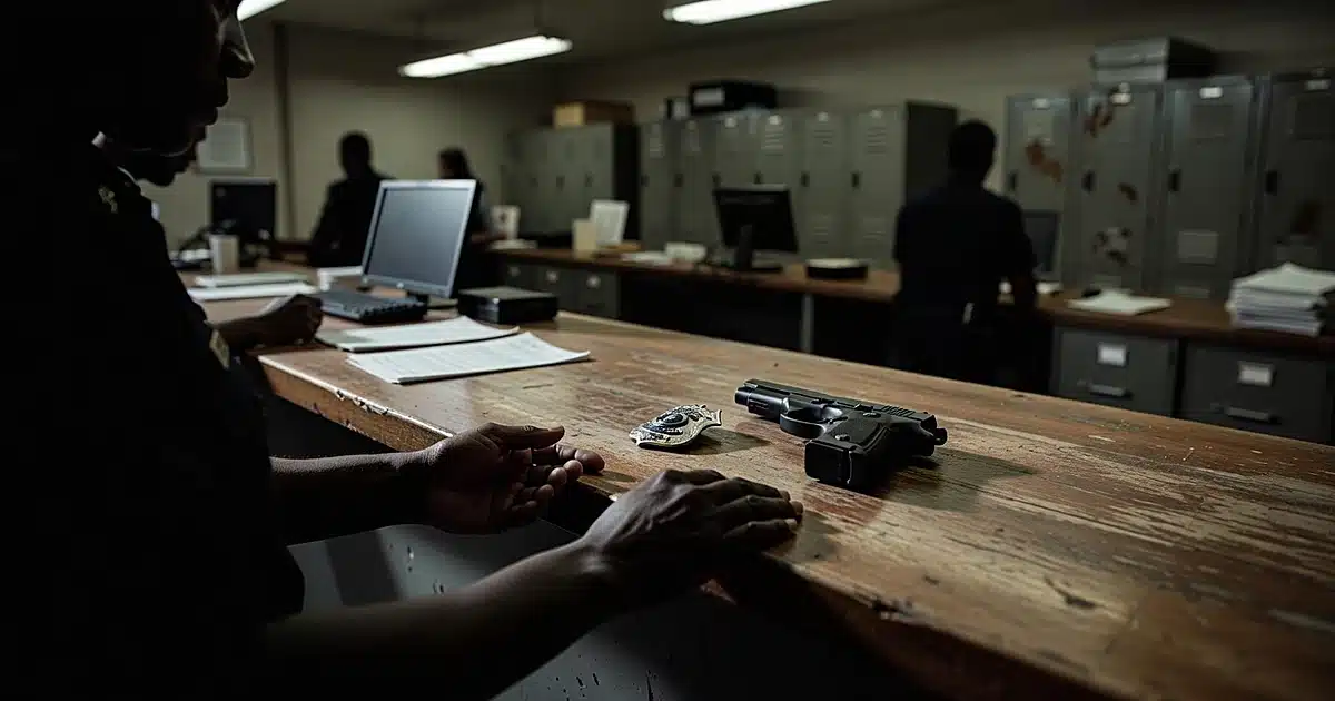 Police badge and service weapon on booking desk with officer silhouette in background