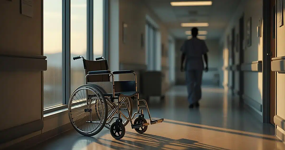 Empty wheelchair in hospital corridor backlit by window light at dusk