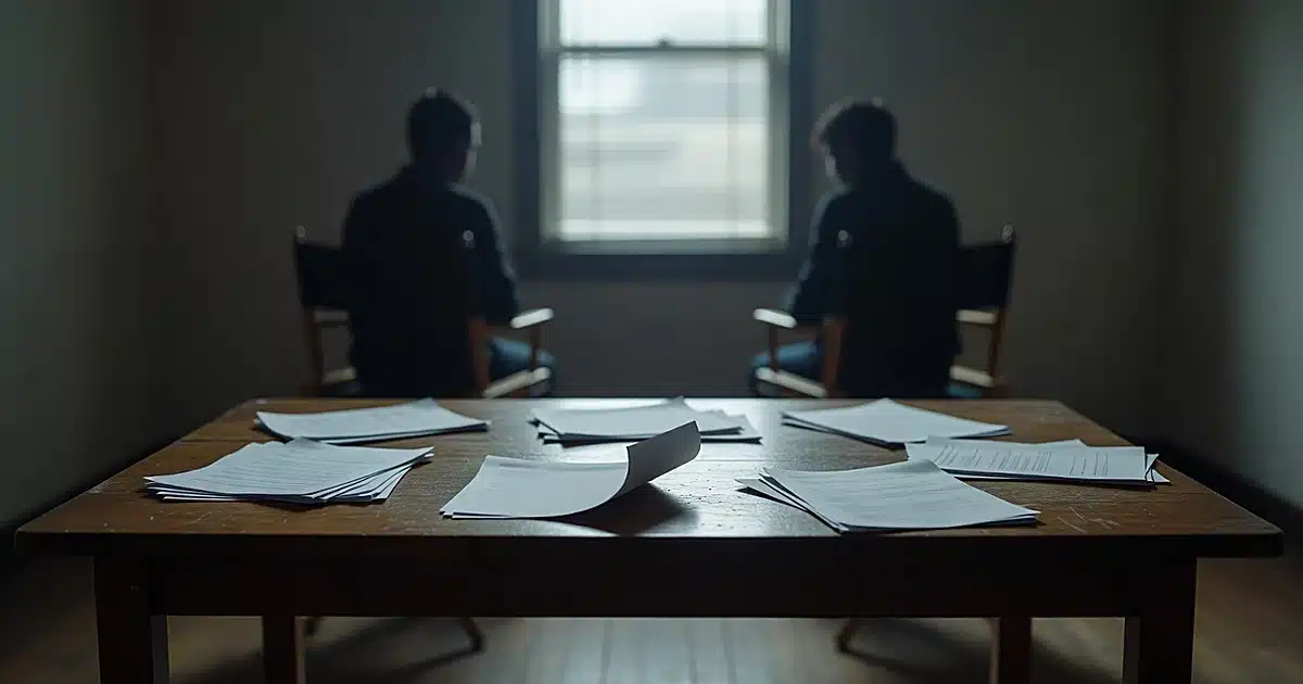 Casting office table with scattered blank script pages, silhouetted figures in background near window