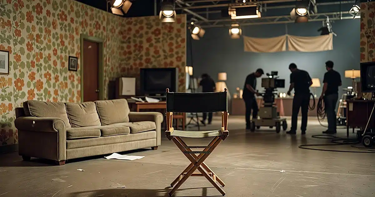 Empty television sitcom set with vintage furniture and silhouetted crew members preparing for production
