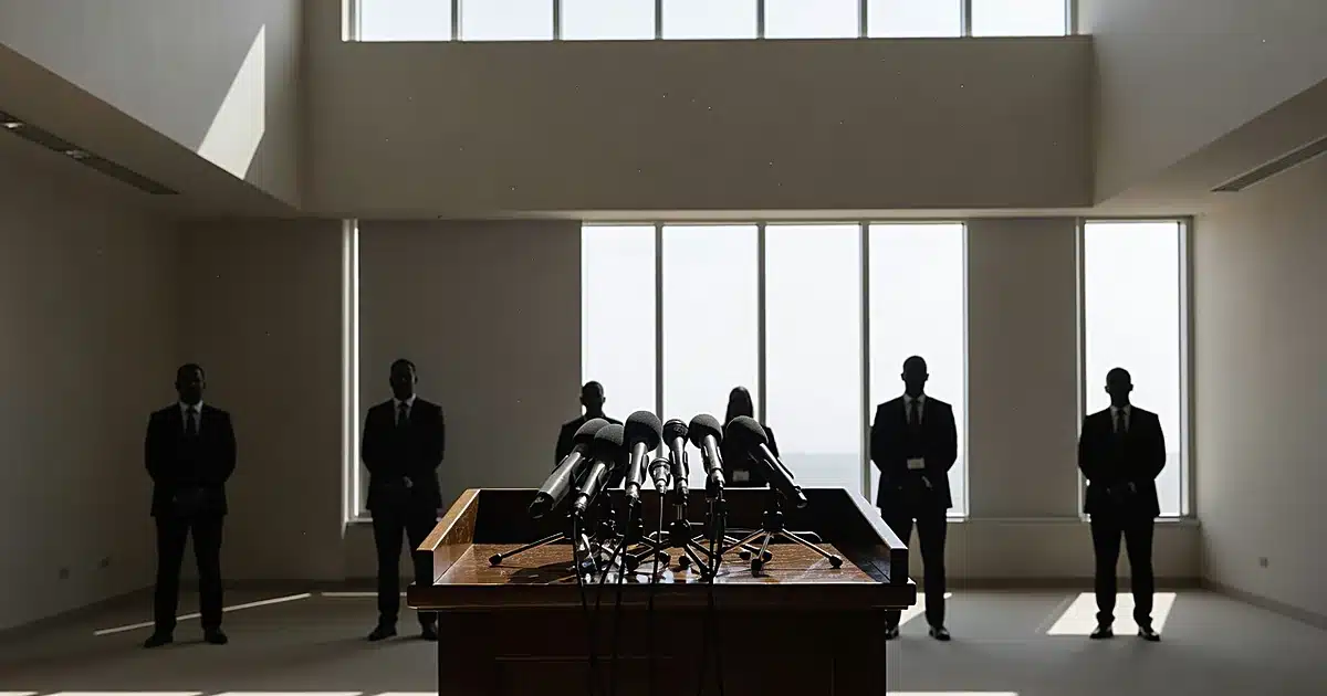 Diplomatic briefing room podium with microphones, silhouetted figures against bright windows in background