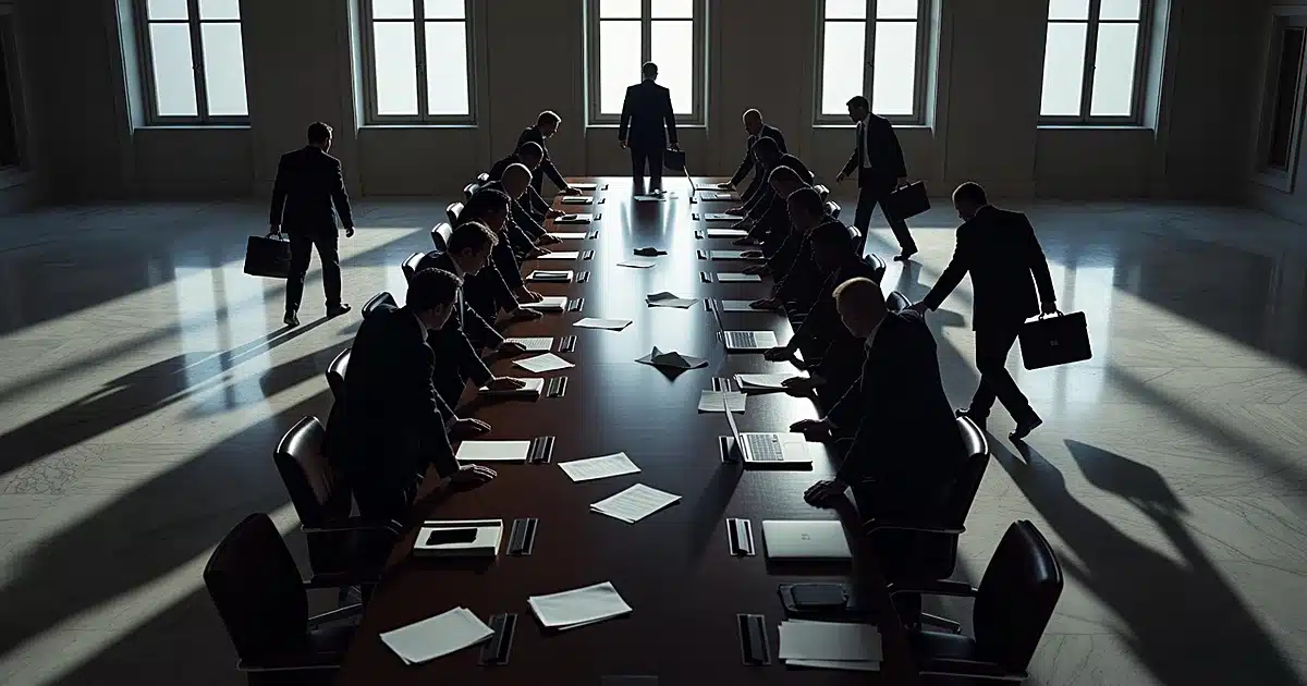 Silhouetted diplomats departing negotiation table in formal conference room with scattered papers