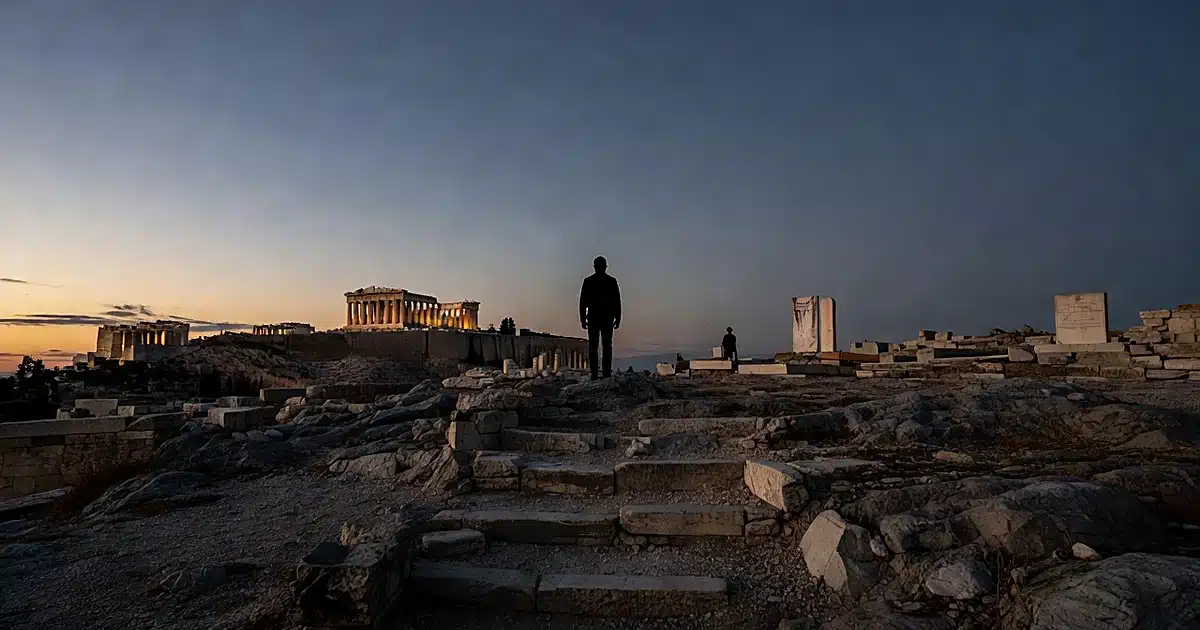 Silhouetted figure facing the illuminated Parthenon from Pnyx hill at dusk in Athens