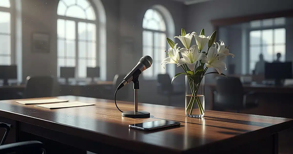 Empty television studio desk with microphone, white lilies, and smartphone in soft morning light