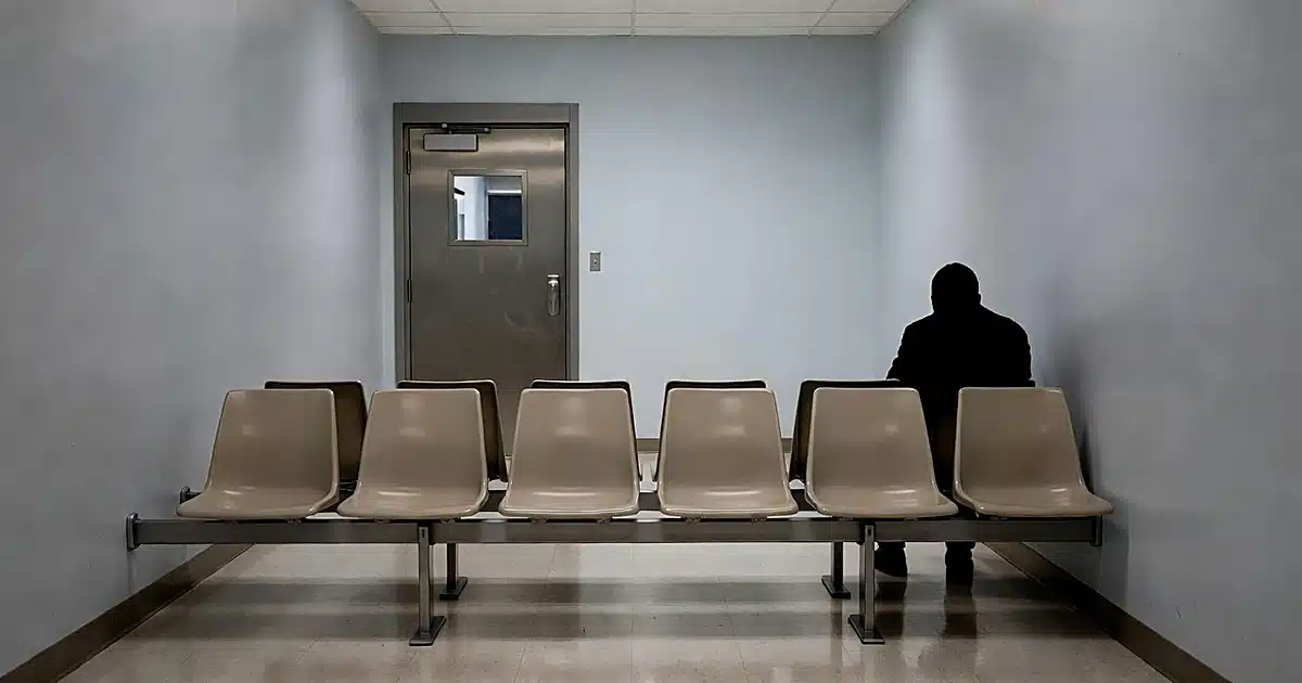 Empty chairs in airport immigration holding facility corridor with silhouetted figure waiting