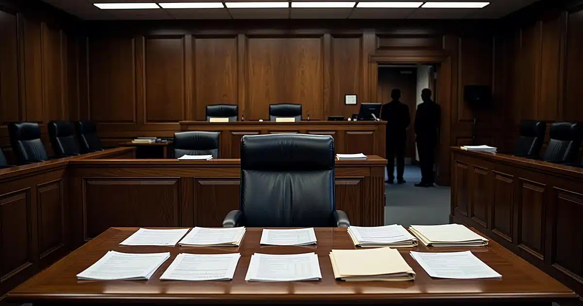 Empty federal courtroom with immigration documents on table and silhouetted figures in background
