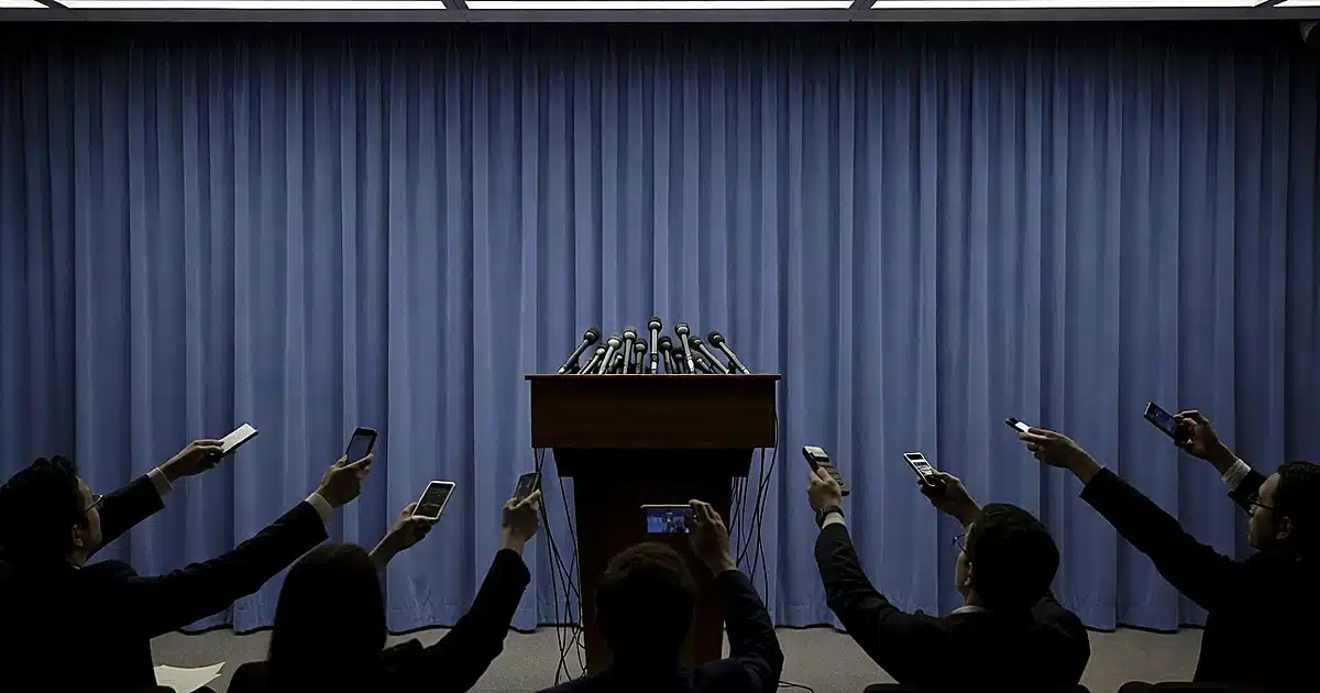 Empty White House press briefing podium with microphones, reporters visible as silhouettes from behind