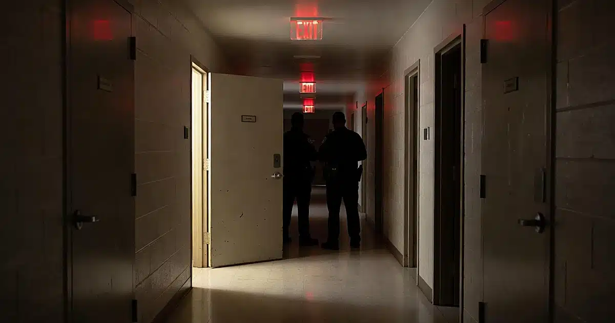 University dorm hallway at night with police officer silhouettes standing near open doorway during investigation