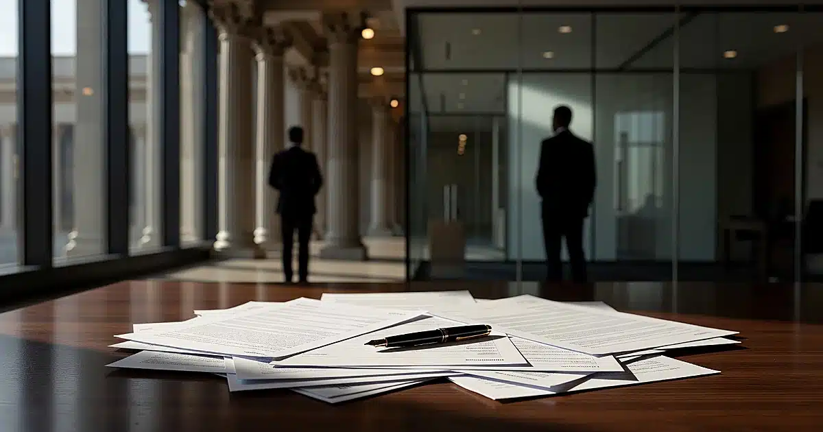 Boardroom table with documents in foreground, silhouetted figures separated between government and corporate settings