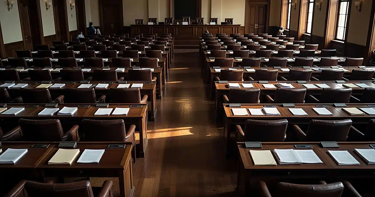 Empty Senate chamber with scattered papers on desks and afternoon light streaming through windows