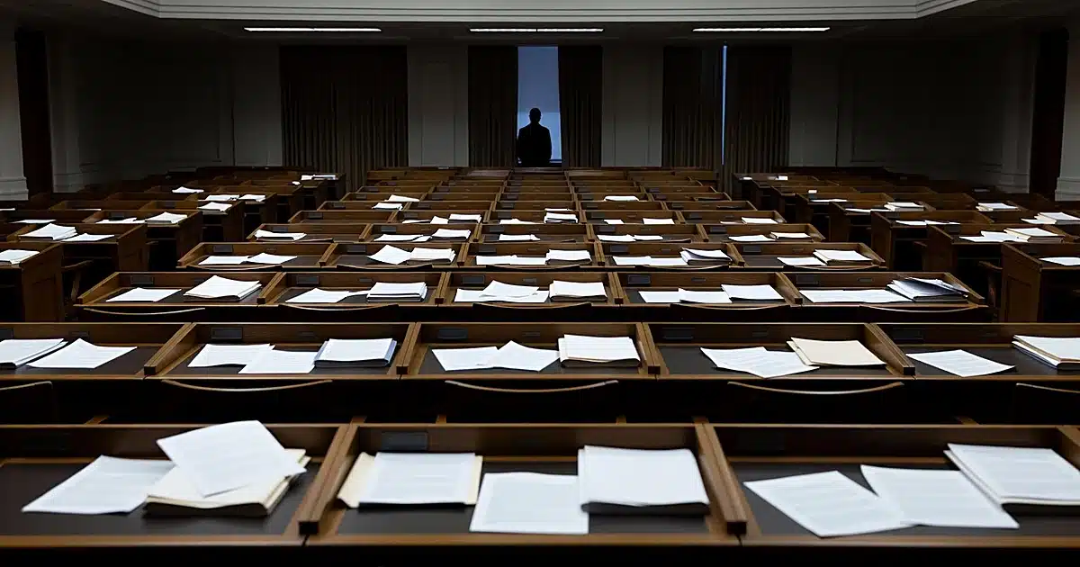 Empty legislative chamber with scattered papers on desks and silhouetted figure by windows