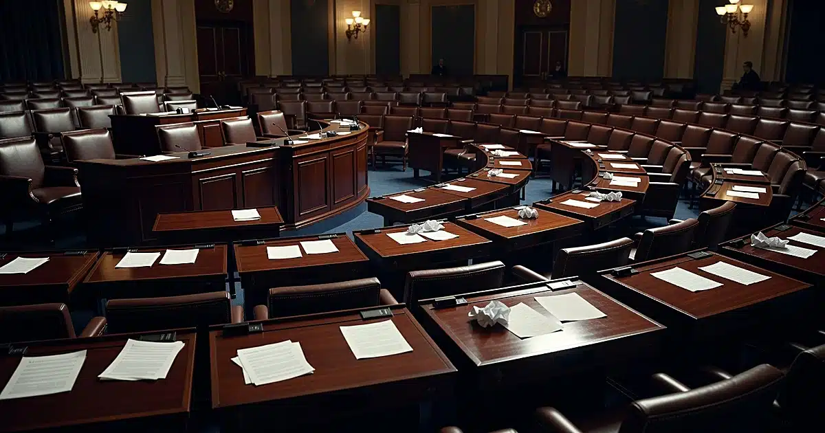 Wide view of empty Senate chamber with scattered papers on desks and dramatic overhead lighting