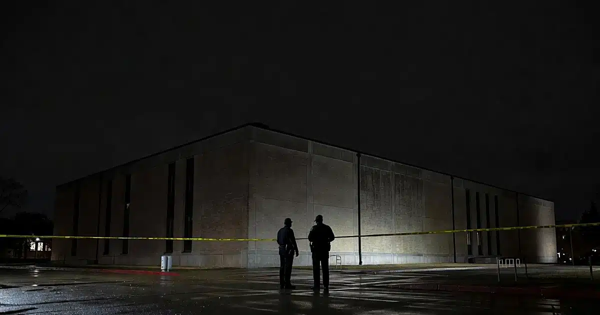 Police car with flashing lights at night near university building with crime scene tape and officer silhouettes