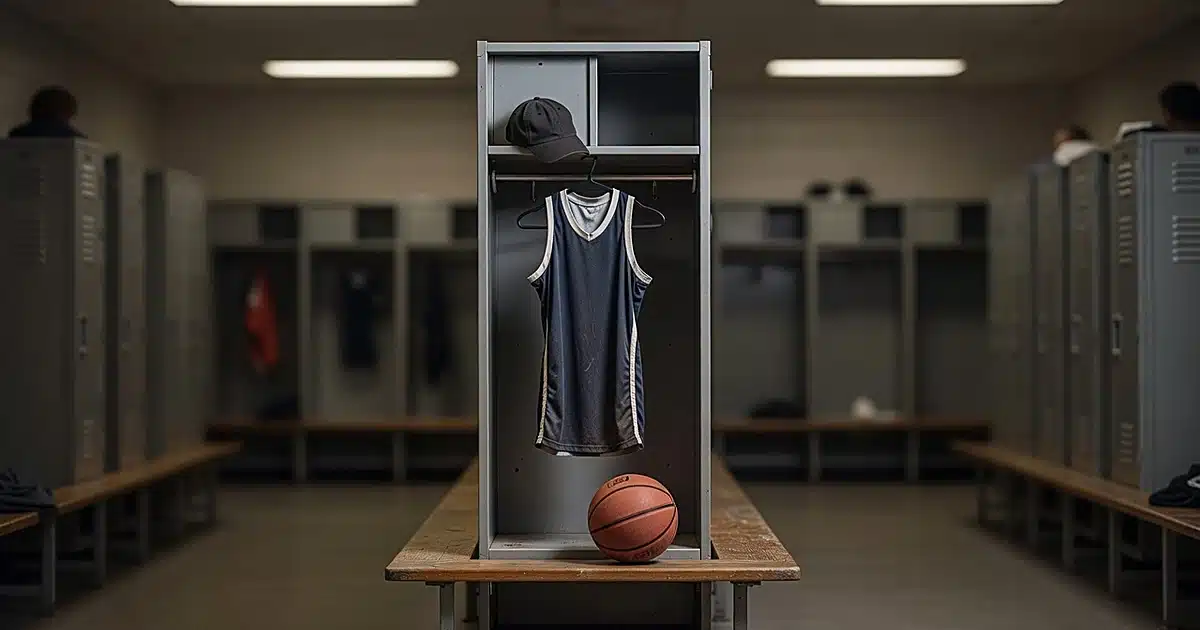 College basketball locker room with open locker containing jersey, basketball, and cap on wooden bench