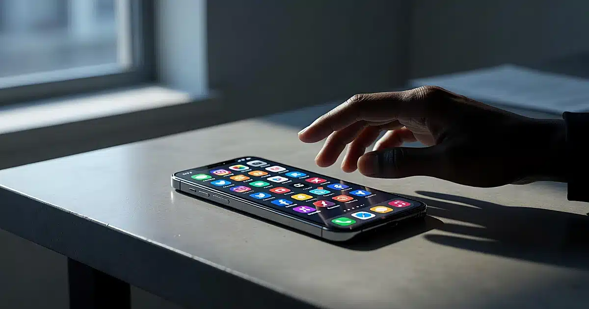 Smartphone with social media apps on desk, silhouetted hand reaching toward screen in dramatic window lighting