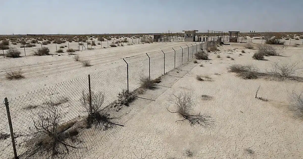Empty border fence stretching across desert landscape under bright sunlight with no activity